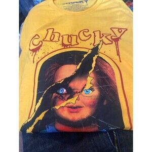 Chucky T-Shirt Men's Large L Short Sleeve Wanna Play? Good Guys Orange”